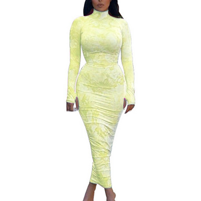 Nagy méretű szexi cipzáras garbós pólyás ruhák női buliba 4XL őszi hosszú ujjú vintage nyakkendővel festett ruched Maxi Bodycon ruha