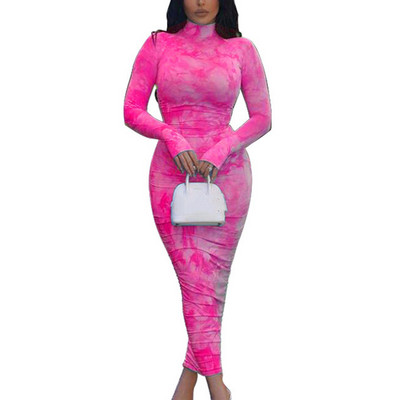 Nagy méretű szexi cipzáras garbós pólyás ruhák női buliba 4XL őszi hosszú ujjú vintage nyakkendővel festett ruched Maxi Bodycon ruha