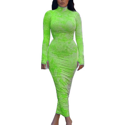 Nagy méretű szexi cipzáras garbós pólyás ruhák női buliba 4XL őszi hosszú ujjú vintage nyakkendővel festett ruched Maxi Bodycon ruha