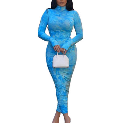 Nagy méretű szexi cipzáras garbós pólyás ruhák női buliba 4XL őszi hosszú ujjú vintage nyakkendővel festett ruched Maxi Bodycon ruha