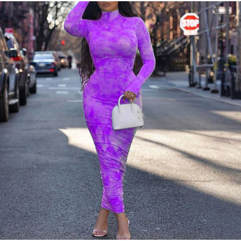 Nagy méretű szexi cipzáras garbós pólyás ruhák női buliba 4XL őszi hosszú ujjú vintage nyakkendővel festett ruched Maxi Bodycon ruha