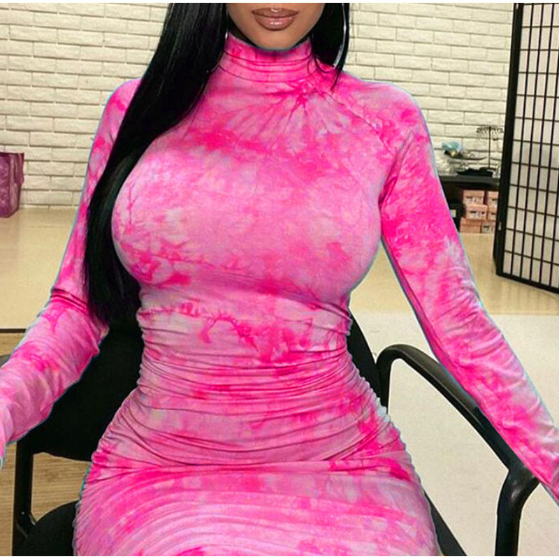 Nagy méretű szexi cipzáras garbós pólyás ruhák női buliba 4XL őszi hosszú ujjú vintage nyakkendővel festett ruched Maxi Bodycon ruha