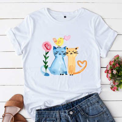 JFUNCY 100% kokvilna sieviešu krekls, eļļas glezna Happy Cats apdrukāti krekli vasaras īsām piedurknēm sieviešu T-krekli Topi Dropship