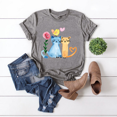 JFUNCY 100% kokvilna sieviešu krekls, eļļas glezna Happy Cats apdrukāti krekli vasaras īsām piedurknēm sieviešu T-krekli Topi Dropship