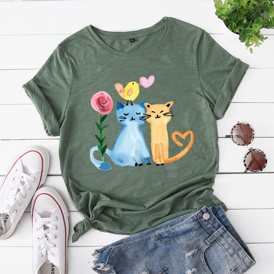 JFUNCY 100% kokvilna sieviešu krekls, eļļas glezna Happy Cats apdrukāti krekli vasaras īsām piedurknēm sieviešu T-krekli Topi Dropship