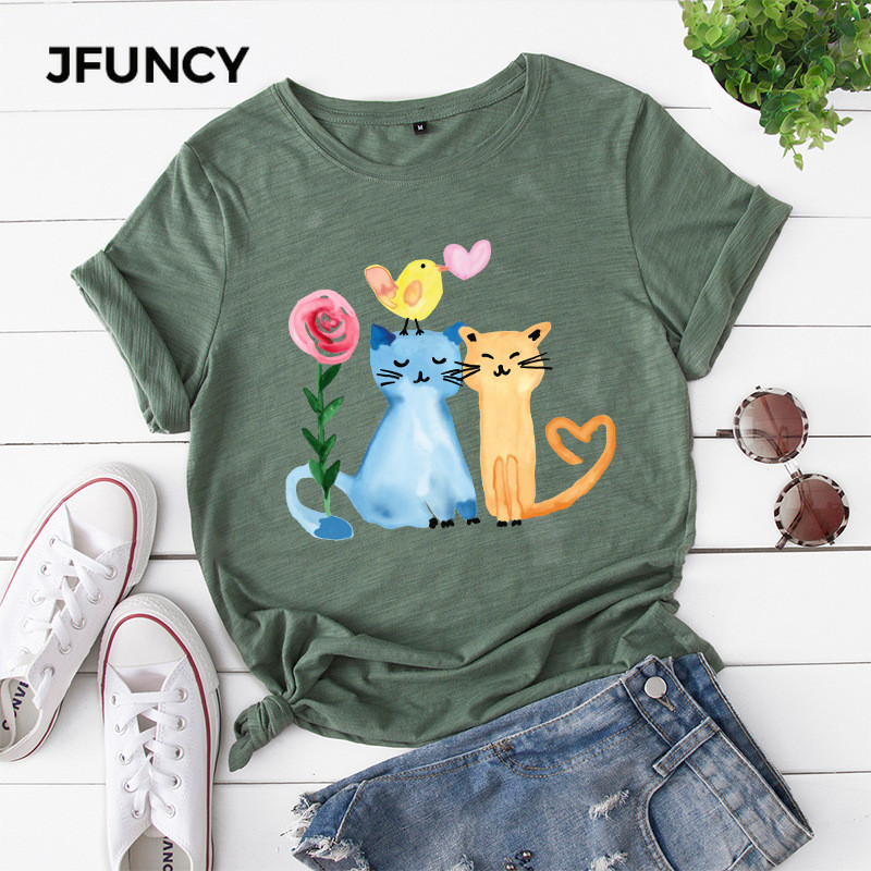 JFUNCY 100% kokvilna sieviešu krekls, eļļas glezna Happy Cats apdrukāti krekli vasaras īsām piedurknēm sieviešu T-krekli Topi Dropship