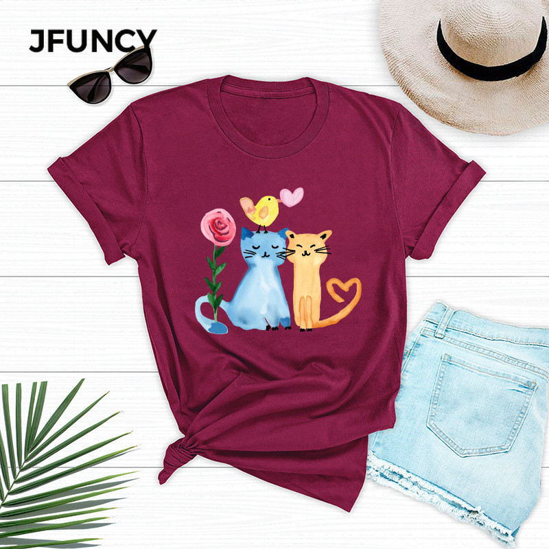 JFUNCY 100% kokvilna sieviešu krekls, eļļas glezna Happy Cats apdrukāti krekli vasaras īsām piedurknēm sieviešu T-krekli Topi Dropship