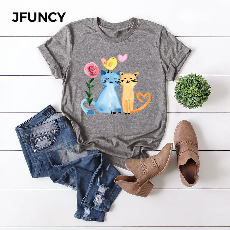 JFUNCY 100% kokvilna sieviešu krekls, eļļas glezna Happy Cats apdrukāti krekli vasaras īsām piedurknēm sieviešu T-krekli Topi Dropship