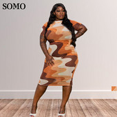 Μόδα πολύχρωμο μολύβι Midi φόρεμα Crew Neck Plus Size Γυναικεία φορέματα Clim Sexy Party Clubwear Χονδρική Dropshipping