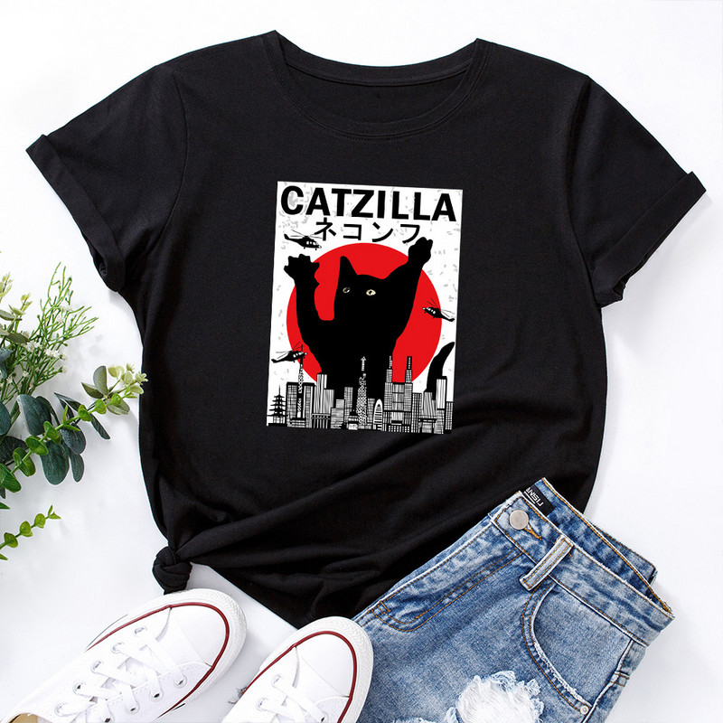 JFUNCY női nyári póló Vicces rajzfilm macska grafikai pólók rövid ujjú női póló 100% pamut női rózsaszín felsők