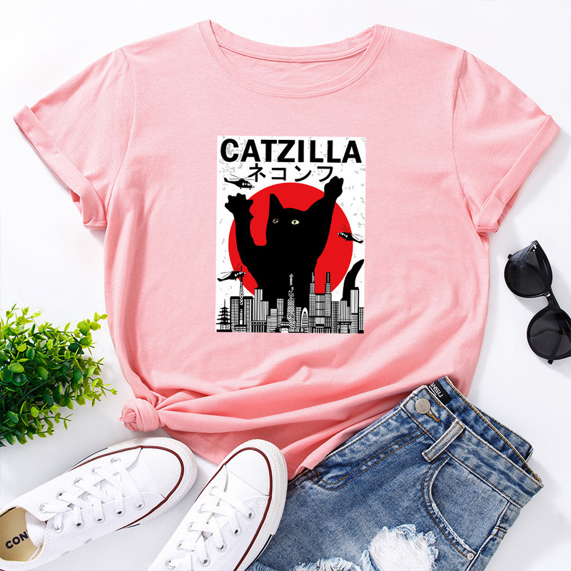 JFUNCY női nyári póló Vicces rajzfilm macska grafikai pólók rövid ujjú női póló 100% pamut női rózsaszín felsők