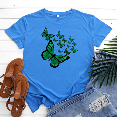 JFUNCY T-krekls ar tauriņu apdruku Sieviešu augšējais T-krekls Sieviešu apģērbs Vasaras sieviešu kokvilnas grafiskais krekls ar īsām piedurknēm