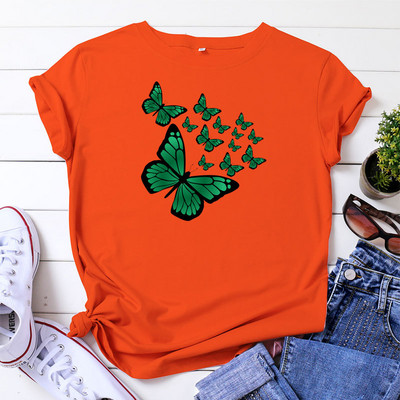 JFUNCY T-krekls ar tauriņu apdruku Sieviešu augšējais T-krekls Sieviešu apģērbs Vasaras sieviešu kokvilnas grafiskais krekls ar īsām piedurknēm