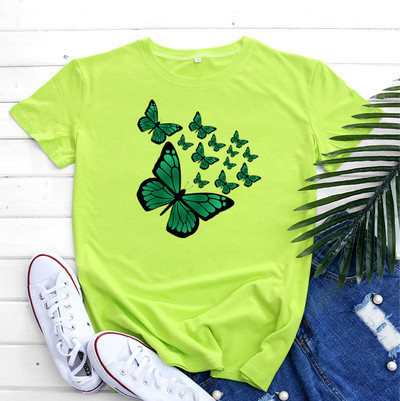 JFUNCY T-krekls ar tauriņu apdruku Sieviešu augšējais T-krekls Sieviešu apģērbs Vasaras sieviešu kokvilnas grafiskais krekls ar īsām piedurknēm