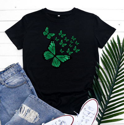 JFUNCY T-krekls ar tauriņu apdruku Sieviešu augšējais T-krekls Sieviešu apģērbs Vasaras sieviešu kokvilnas grafiskais krekls ar īsām piedurknēm