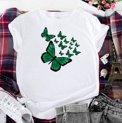 JFUNCY T-krekls ar tauriņu apdruku Sieviešu augšējais T-krekls Sieviešu apģērbs Vasaras sieviešu kokvilnas grafiskais krekls ar īsām piedurknēm