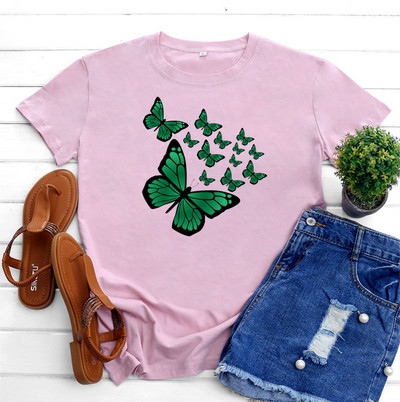 JFUNCY T-krekls ar tauriņu apdruku Sieviešu augšējais T-krekls Sieviešu apģērbs Vasaras sieviešu kokvilnas grafiskais krekls ar īsām piedurknēm