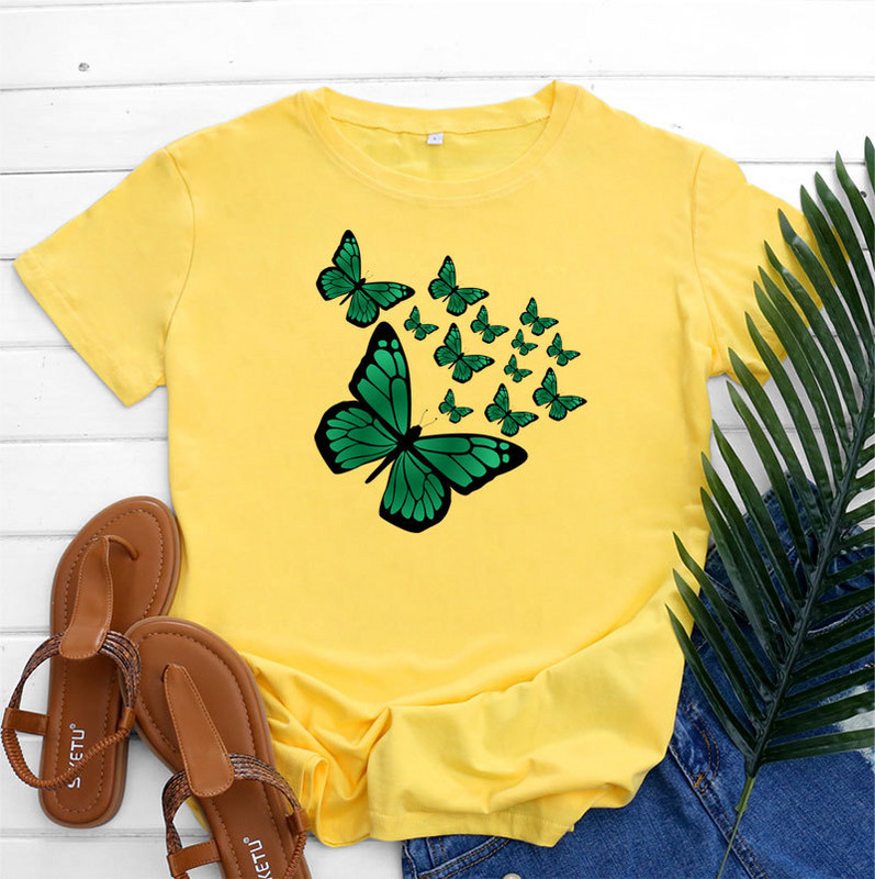 JFUNCY T-krekls ar tauriņu apdruku Sieviešu augšējais T-krekls Sieviešu apģērbs Vasaras sieviešu kokvilnas grafiskais krekls ar īsām piedurknēm