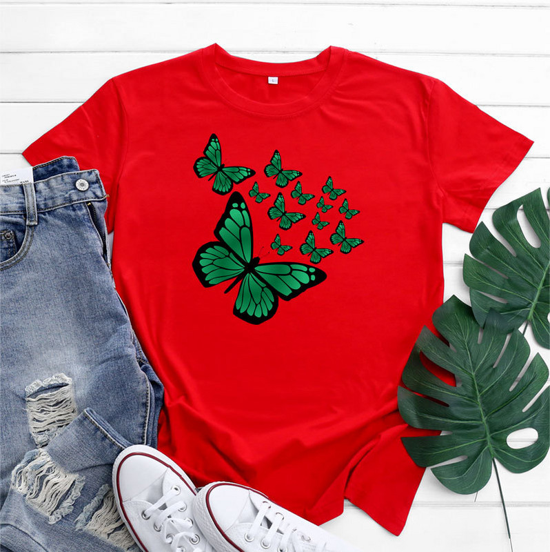 JFUNCY T-krekls ar tauriņu apdruku Sieviešu augšējais T-krekls Sieviešu apģērbs Vasaras sieviešu kokvilnas grafiskais krekls ar īsām piedurknēm