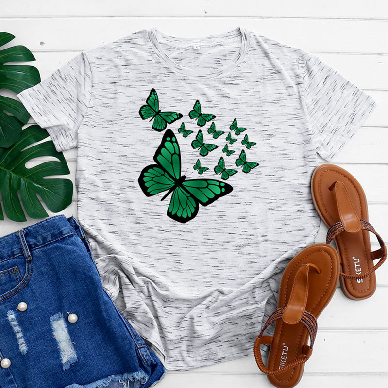 JFUNCY T-krekls ar tauriņu apdruku Sieviešu augšējais T-krekls Sieviešu apģērbs Vasaras sieviešu kokvilnas grafiskais krekls ar īsām piedurknēm