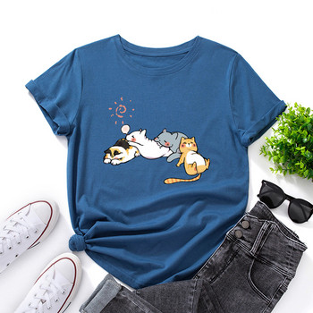 JFUNCY Γυναικείο βαμβακερό μπλουζάκι Sleeping Cat Graphic Print Φαρδύ μπλουζάκι κοντομάνικο γυναικείο μπλουζάκι καλοκαιρινό γυναικείο μπλουζάκι