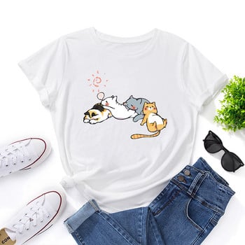 JFUNCY Γυναικείο βαμβακερό μπλουζάκι Sleeping Cat Graphic Print Φαρδύ μπλουζάκι κοντομάνικο γυναικείο μπλουζάκι καλοκαιρινό γυναικείο μπλουζάκι