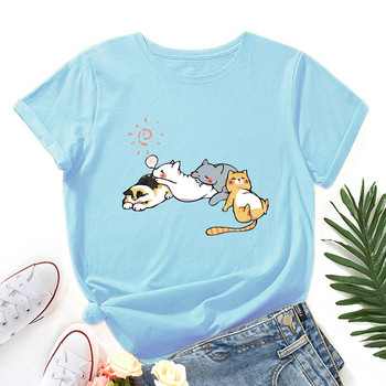 JFUNCY Γυναικείο βαμβακερό μπλουζάκι Sleeping Cat Graphic Print Φαρδύ μπλουζάκι κοντομάνικο γυναικείο μπλουζάκι καλοκαιρινό γυναικείο μπλουζάκι