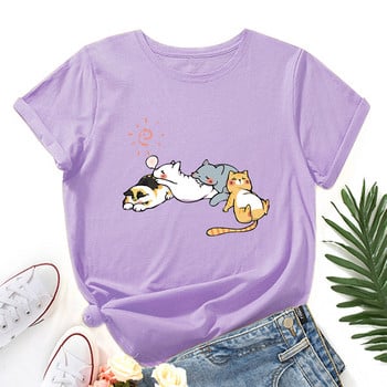 JFUNCY Γυναικείο βαμβακερό μπλουζάκι Sleeping Cat Graphic Print Φαρδύ μπλουζάκι κοντομάνικο γυναικείο μπλουζάκι καλοκαιρινό γυναικείο μπλουζάκι