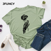 JFUNCY Halloween Skeleton Hand Női pólók Női rövid ujjú pólók Női alkalmi póló 2020 nyári pamut póló