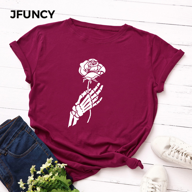 JFUNCY Halloween Skeleton Hand Női pólók Női rövid ujjú pólók Női alkalmi póló 2020 nyári pamut póló