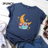 JFUNCY Tricou din bumbac pentru femei, tricou cu mânecă scurtă de vară, tricou supradimensionat, cu imprimeu cu leneș, ocazional, tricou pentru femeie