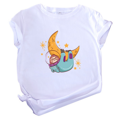 JFUNCY Tricou din bumbac pentru femei, tricou cu mânecă scurtă de vară, tricou supradimensionat, cu imprimeu cu leneș, ocazional, tricou pentru femeie