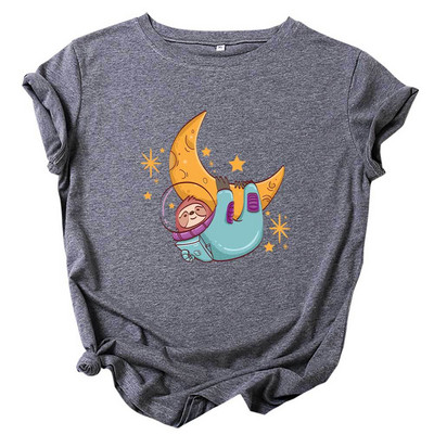 JFUNCY Tricou din bumbac pentru femei, tricou cu mânecă scurtă de vară, tricou supradimensionat, cu imprimeu cu leneș, ocazional, tricou pentru femeie