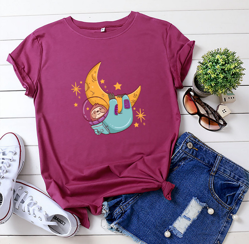 JFUNCY Tricou din bumbac pentru femei, tricou cu mânecă scurtă de vară, tricou supradimensionat, cu imprimeu cu leneș, ocazional, tricou pentru femeie