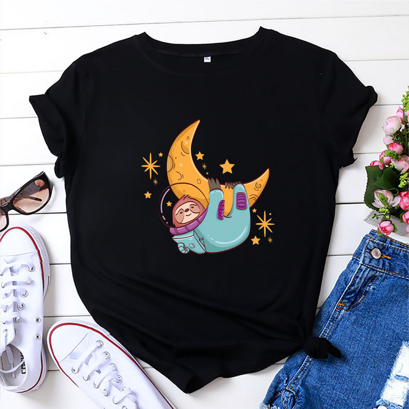 JFUNCY Tricou din bumbac pentru femei, tricou cu mânecă scurtă de vară, tricou supradimensionat, cu imprimeu cu leneș, ocazional, tricou pentru femeie