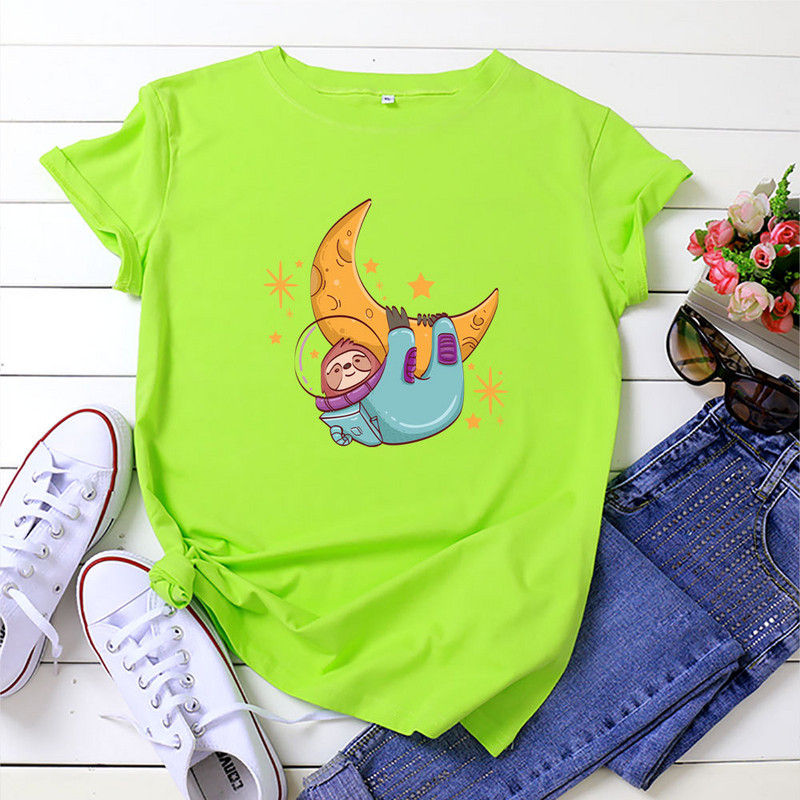 JFUNCY Tricou din bumbac pentru femei, tricou cu mânecă scurtă de vară, tricou supradimensionat, cu imprimeu cu leneș, ocazional, tricou pentru femeie