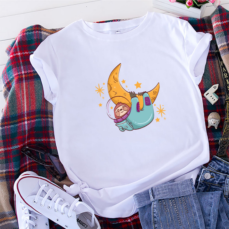 JFUNCY Tricou din bumbac pentru femei, tricou cu mânecă scurtă de vară, tricou supradimensionat, cu imprimeu cu leneș, ocazional, tricou pentru femeie