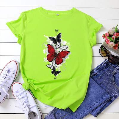 JFUNCY 2023. gada vasaras sieviešu T krekls Sieviešu ar īsām piedurknēm kokvilnas topi ar tauriņu apdruku Tkrekls ikdienišķs, brīvs sieviešu T-krekls