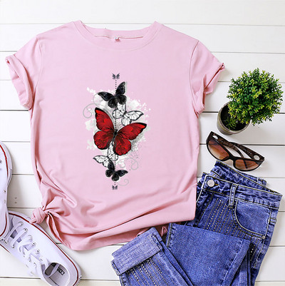 JFUNCY 2023. gada vasaras sieviešu T krekls Sieviešu ar īsām piedurknēm kokvilnas topi ar tauriņu apdruku Tkrekls ikdienišķs, brīvs sieviešu T-krekls