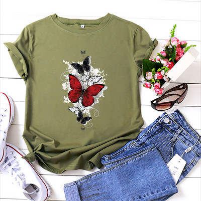 JFUNCY 2023. gada vasaras sieviešu T krekls Sieviešu ar īsām piedurknēm kokvilnas topi ar tauriņu apdruku Tkrekls ikdienišķs, brīvs sieviešu T-krekls