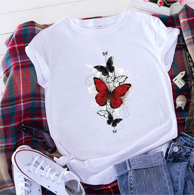 JFUNCY 2023. gada vasaras sieviešu T krekls Sieviešu ar īsām piedurknēm kokvilnas topi ar tauriņu apdruku Tkrekls ikdienišķs, brīvs sieviešu T-krekls