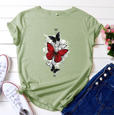 JFUNCY 2023. gada vasaras sieviešu T krekls Sieviešu ar īsām piedurknēm kokvilnas topi ar tauriņu apdruku Tkrekls ikdienišķs, brīvs sieviešu T-krekls