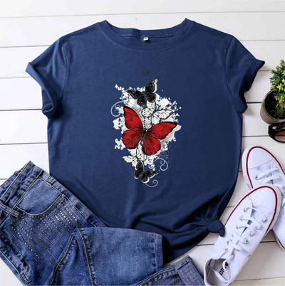 JFUNCY 2023. gada vasaras sieviešu T krekls Sieviešu ar īsām piedurknēm kokvilnas topi ar tauriņu apdruku Tkrekls ikdienišķs, brīvs sieviešu T-krekls