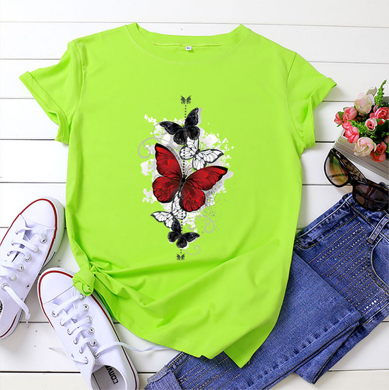 JFUNCY 2023. gada vasaras sieviešu T krekls Sieviešu ar īsām piedurknēm kokvilnas topi ar tauriņu apdruku Tkrekls ikdienišķs, brīvs sieviešu T-krekls