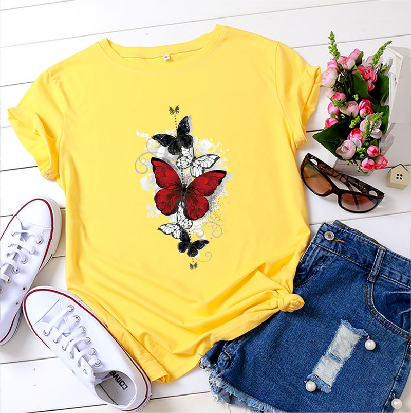 JFUNCY 2023. gada vasaras sieviešu T krekls Sieviešu ar īsām piedurknēm kokvilnas topi ar tauriņu apdruku Tkrekls ikdienišķs, brīvs sieviešu T-krekls