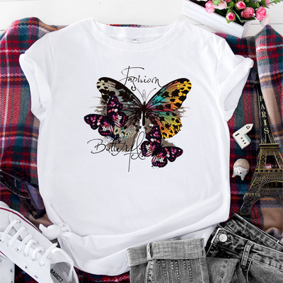 JFUNCY 2023 Tricouri de damă la modă Tricou din bumbac cu topuri cu mâneci scurte Tricouri grafice imprimate cu fluturi Îmbrăcăminte pentru femei