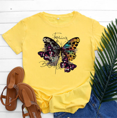 JFUNCY 2023 Tricouri de damă la modă Tricou din bumbac cu topuri cu mâneci scurte Tricouri grafice imprimate cu fluturi Îmbrăcăminte pentru femei