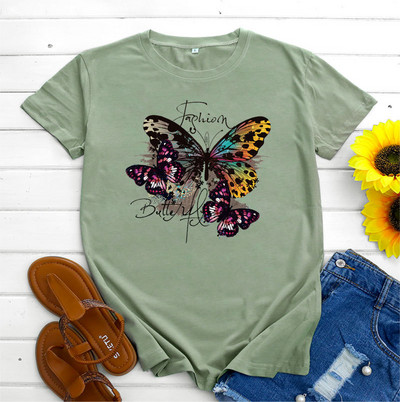 JFUNCY 2023 Tricouri de damă la modă Tricou din bumbac cu topuri cu mâneci scurte Tricouri grafice imprimate cu fluturi Îmbrăcăminte pentru femei