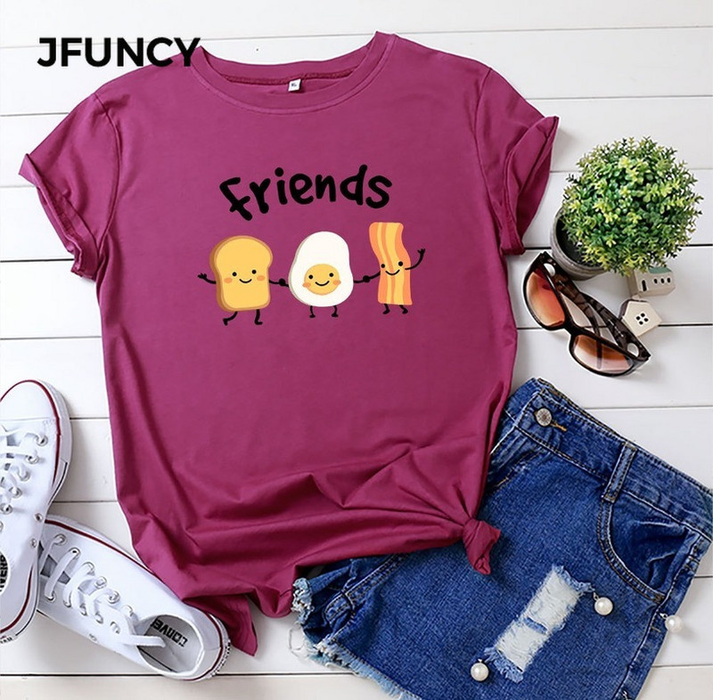 JFUNCY 2023 jauns kokvilnas sieviešu T krekls Vasaras T-krekls ar īsām piedurknēm Labākie draugi Multfilma ar apdruku, sieviešu trikotāžas sieviešu topi