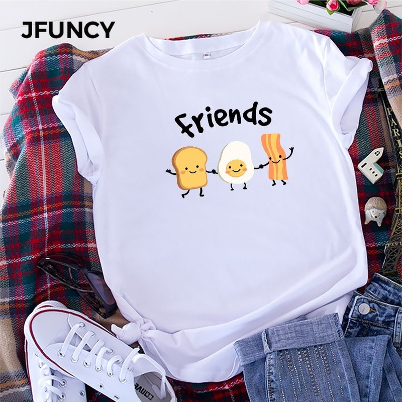 JFUNCY 2023 jauns kokvilnas sieviešu T krekls Vasaras T-krekls ar īsām piedurknēm Labākie draugi Multfilma ar apdruku, sieviešu trikotāžas sieviešu topi